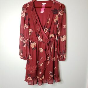 Floral Ruffle Long Sleeve Dress Peasant Cottage Side Tie Faux Wrap V-Neck SMALL